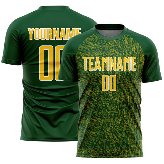 Custom Green Yellow-White Abstract Scribble Curve Line Pattern Sports Sublimation Soccer Uniform Jersey - Main View