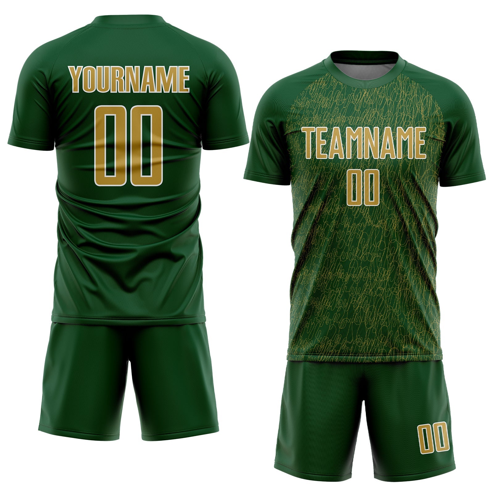 Custom Green Old Gold-White Abstract Scribble Curve Line Pattern Sports Sublimation Soccer Uniform Jersey view 2