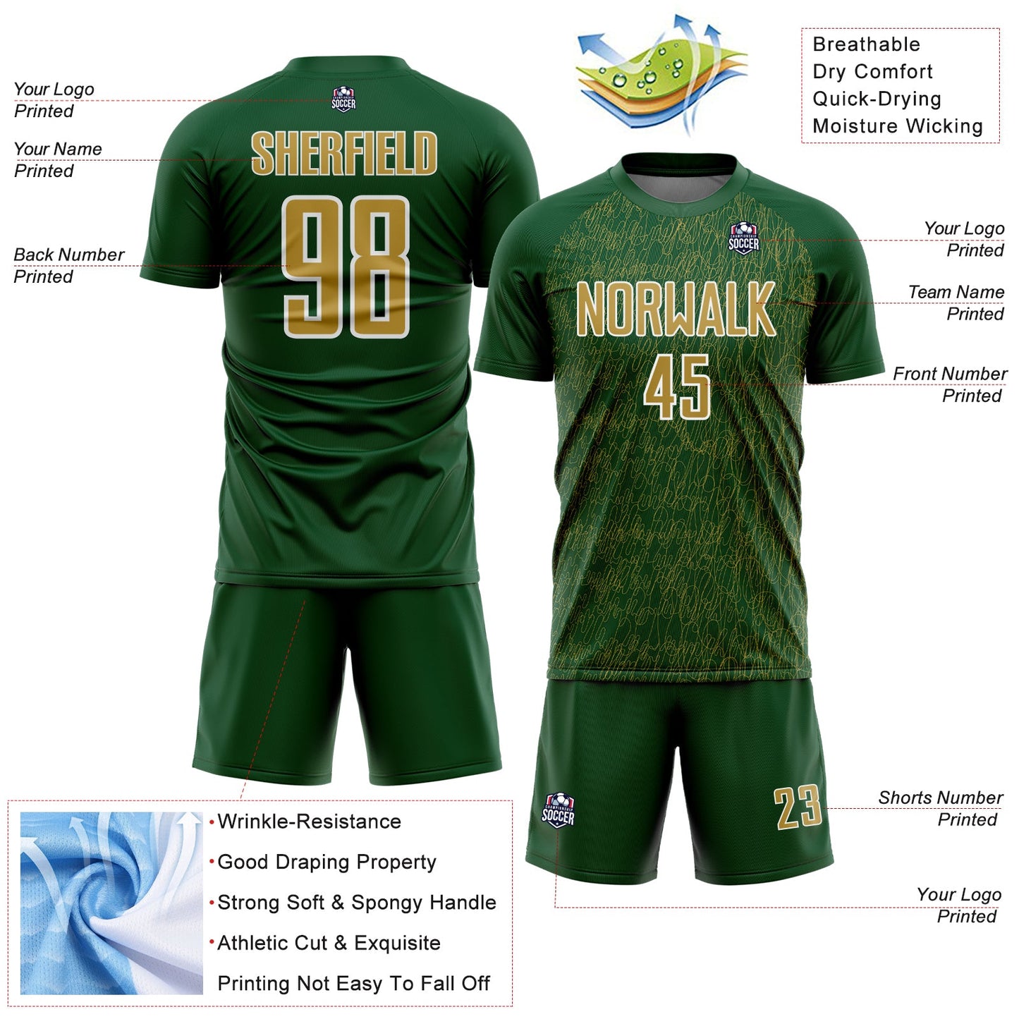 Custom Green Old Gold-White Abstract Scribble Curve Line Pattern Sports Sublimation Soccer Uniform Jersey view 4