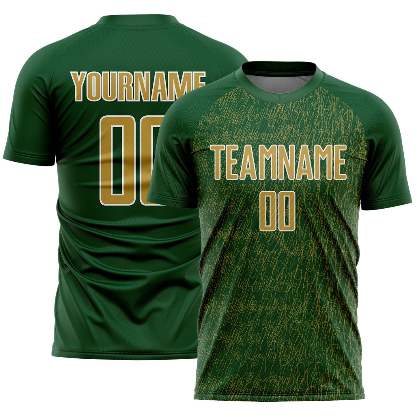 Custom Green Old Gold-White Abstract Scribble Curve Line Pattern Sports Sublimation Soccer Uniform Jersey - Main View