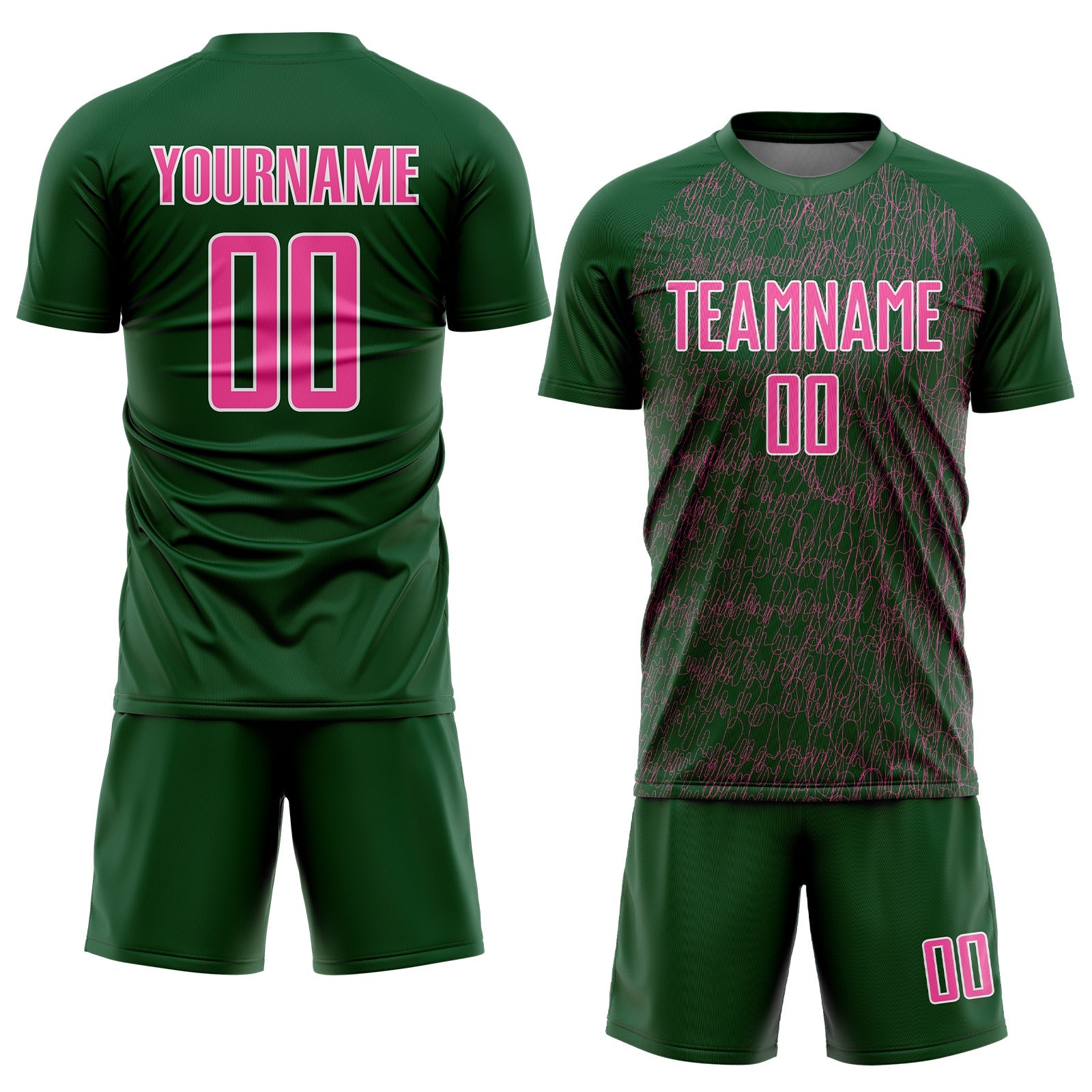 Custom Green Pink-White Abstract Scribble Curve Line Pattern Sports Sublimation Soccer Uniform Jersey view 2