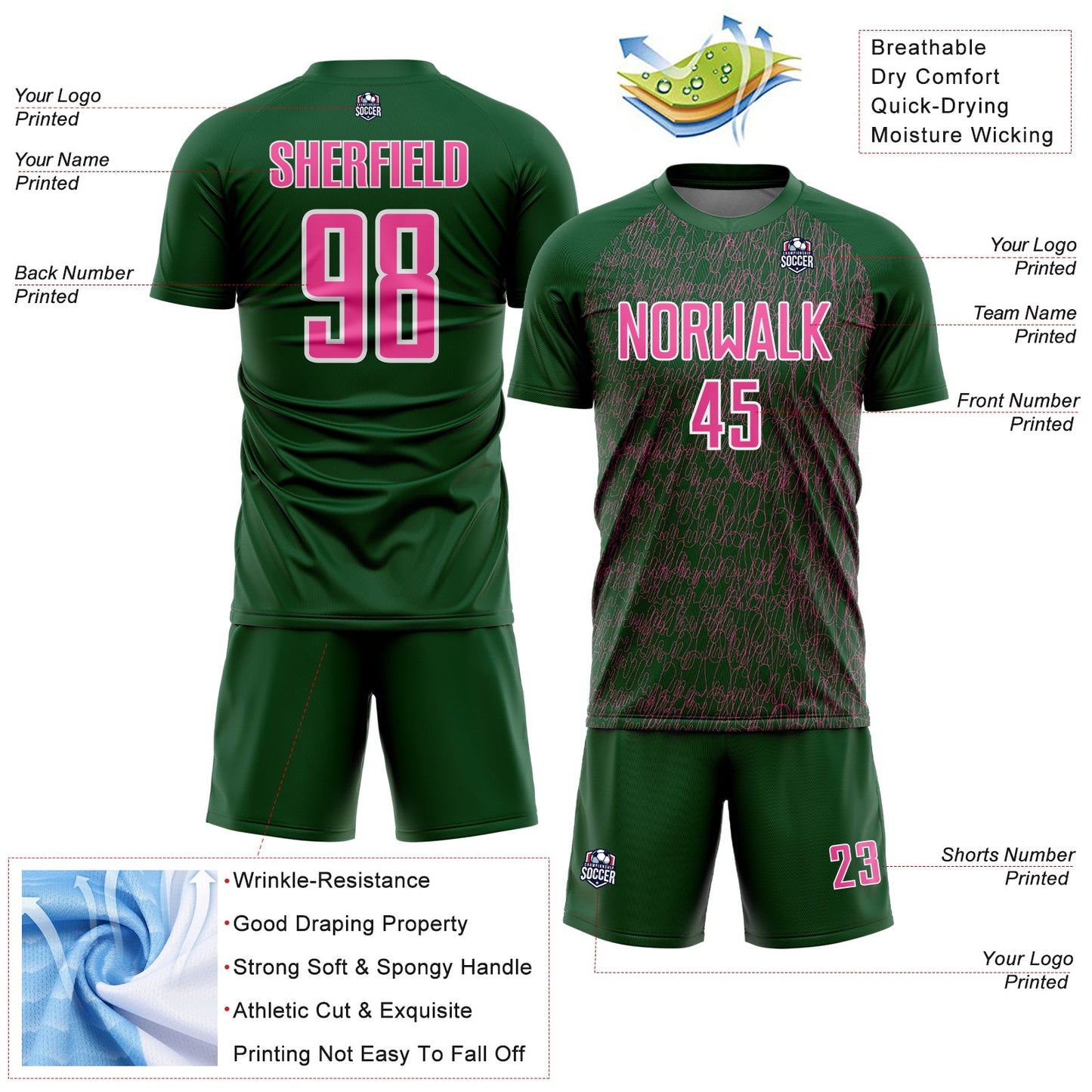 Custom Green Pink-White Abstract Scribble Curve Line Pattern Sports Sublimation Soccer Uniform Jersey view 4