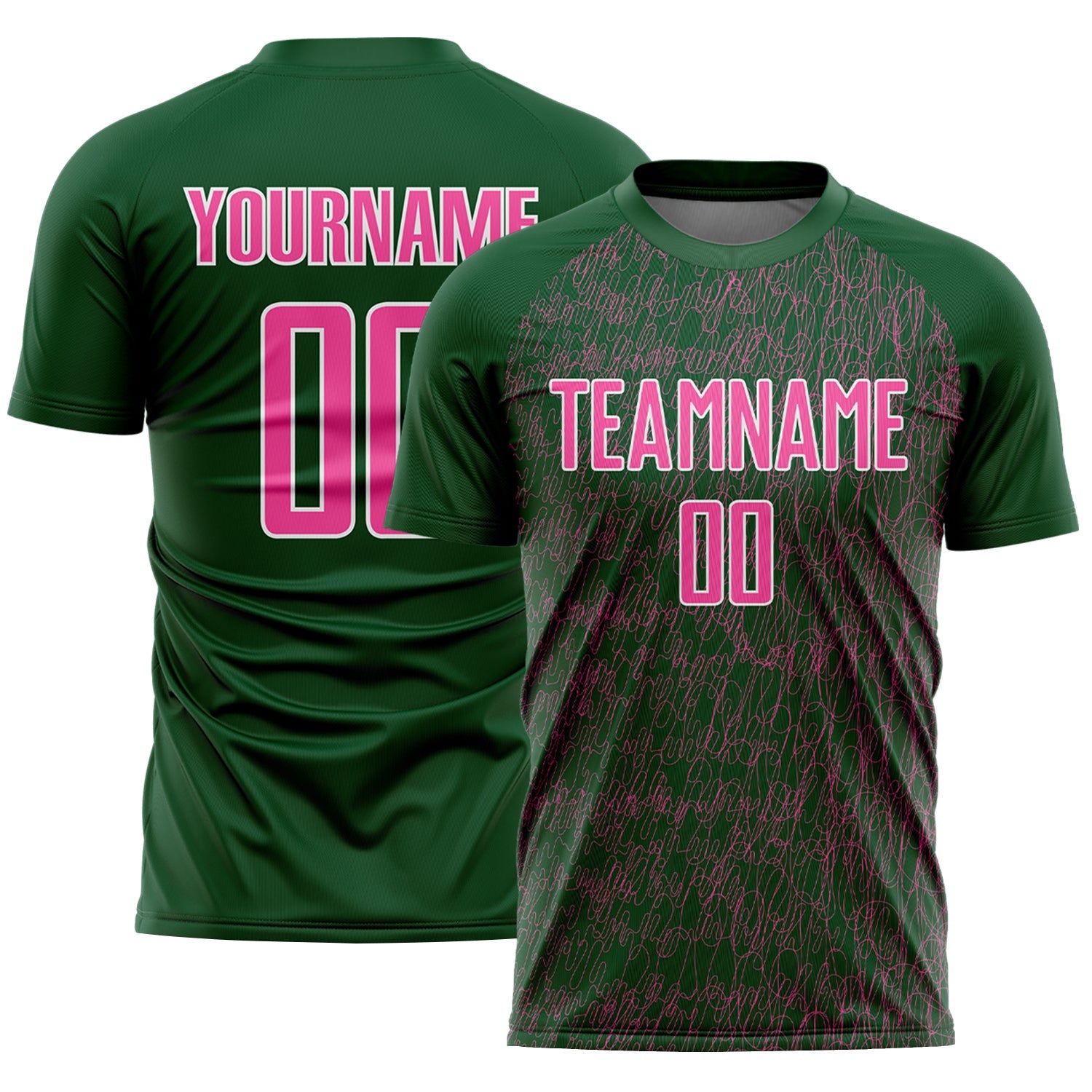 Custom Green Pink-White Abstract Scribble Curve Line Pattern Sports Sublimation Soccer Uniform Jersey - Main View