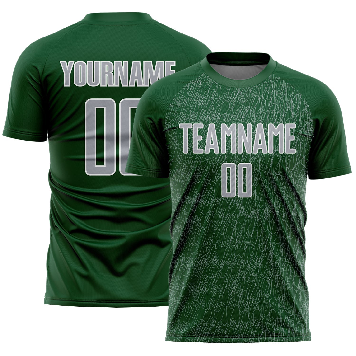 Custom Green Gray-White Abstract Scribble Curve Line Pattern Sports Sublimation Soccer Uniform Jersey - Main View