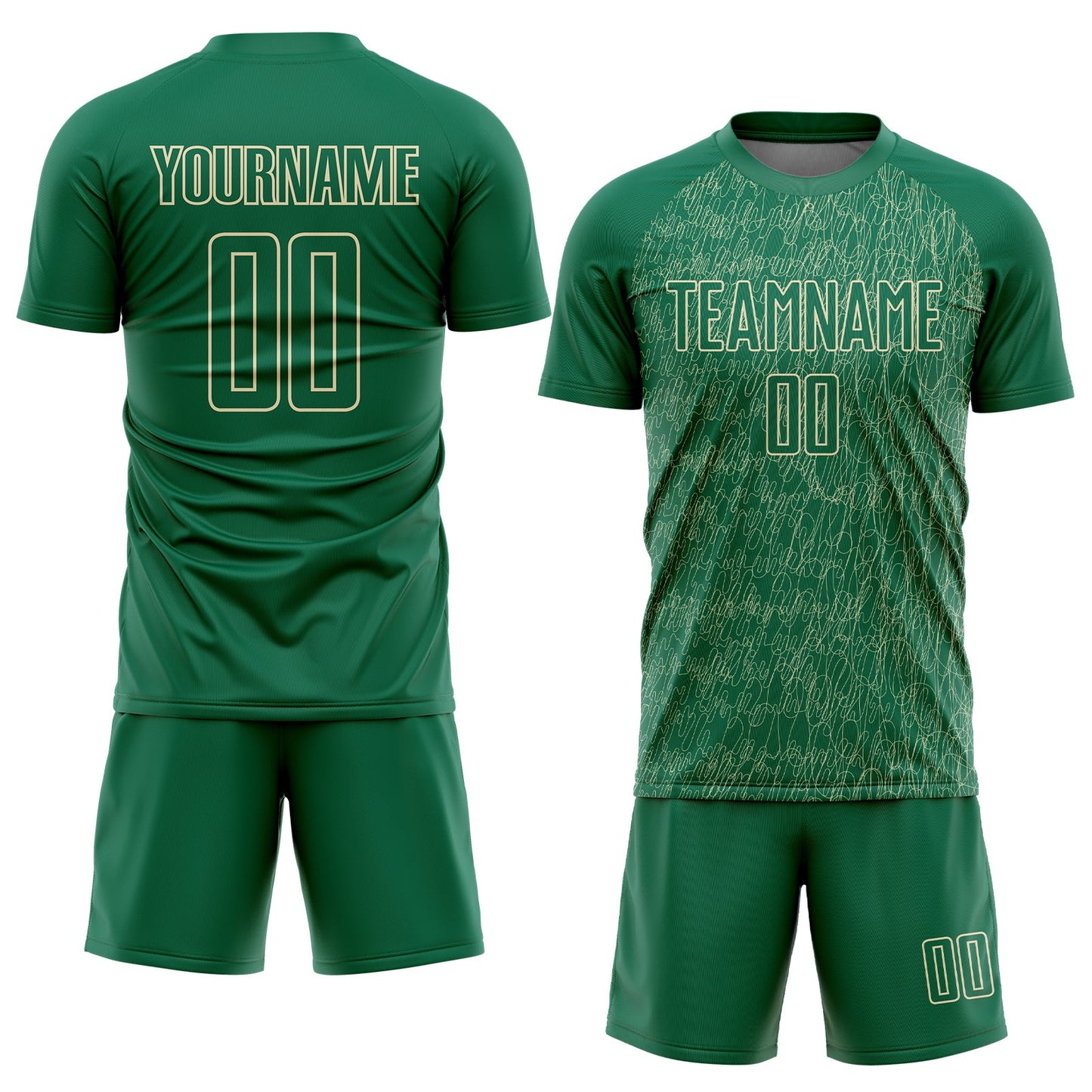 Custom Kelly Green Cream Abstract Scribble Curve Line Pattern Sports Sublimation Soccer Uniform Jersey view 2