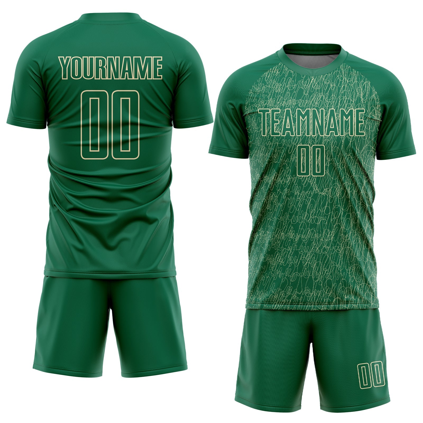 Custom Kelly Green Cream Abstract Scribble Curve Line Pattern Sports Sublimation Soccer Uniform Jersey view 2