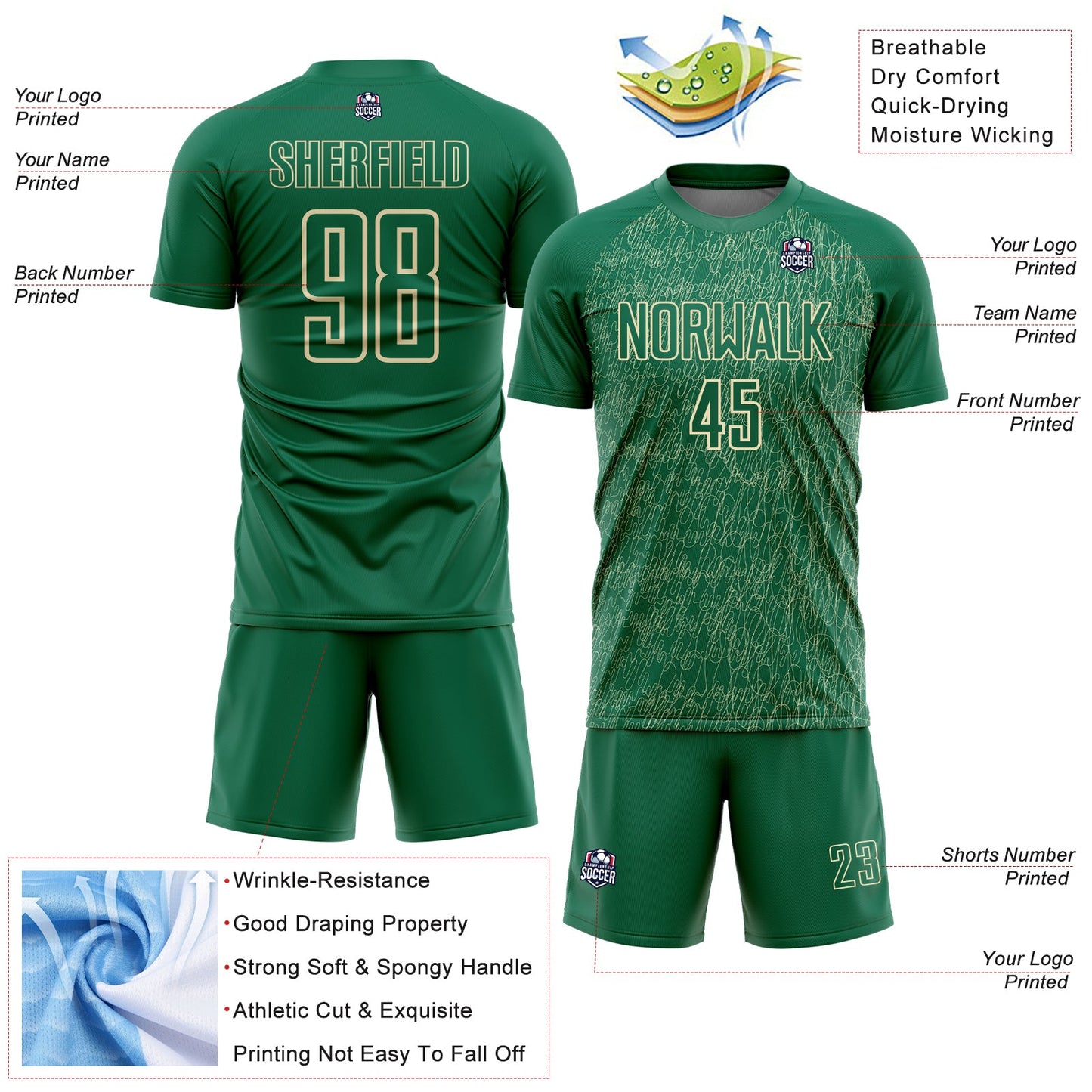 Custom Kelly Green Cream Abstract Scribble Curve Line Pattern Sports Sublimation Soccer Uniform Jersey view 4