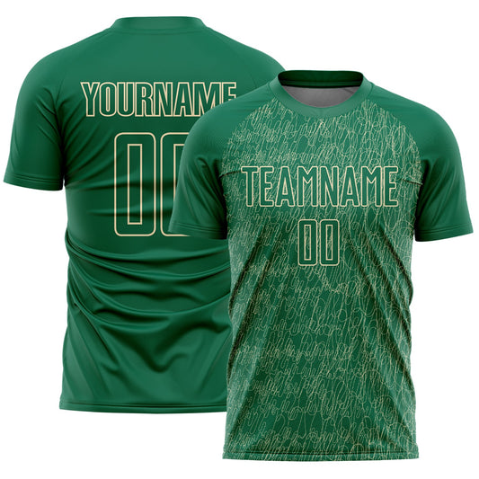 Custom Kelly Green Cream Abstract Scribble Curve Line Pattern Sports Sublimation Soccer Uniform Jersey - Main View