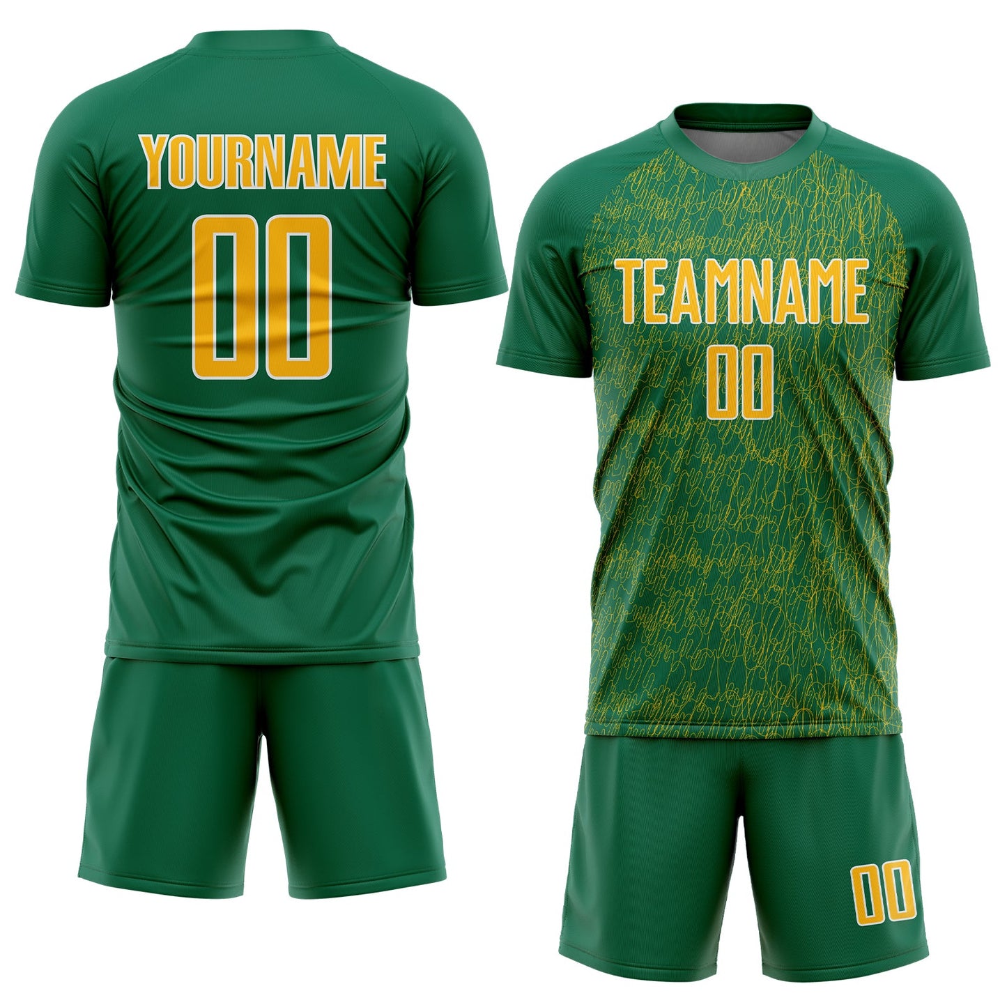 Custom Kelly Green Gold-White Abstract Scribble Curve Line Pattern Sports Sublimation Soccer Uniform Jersey view 2