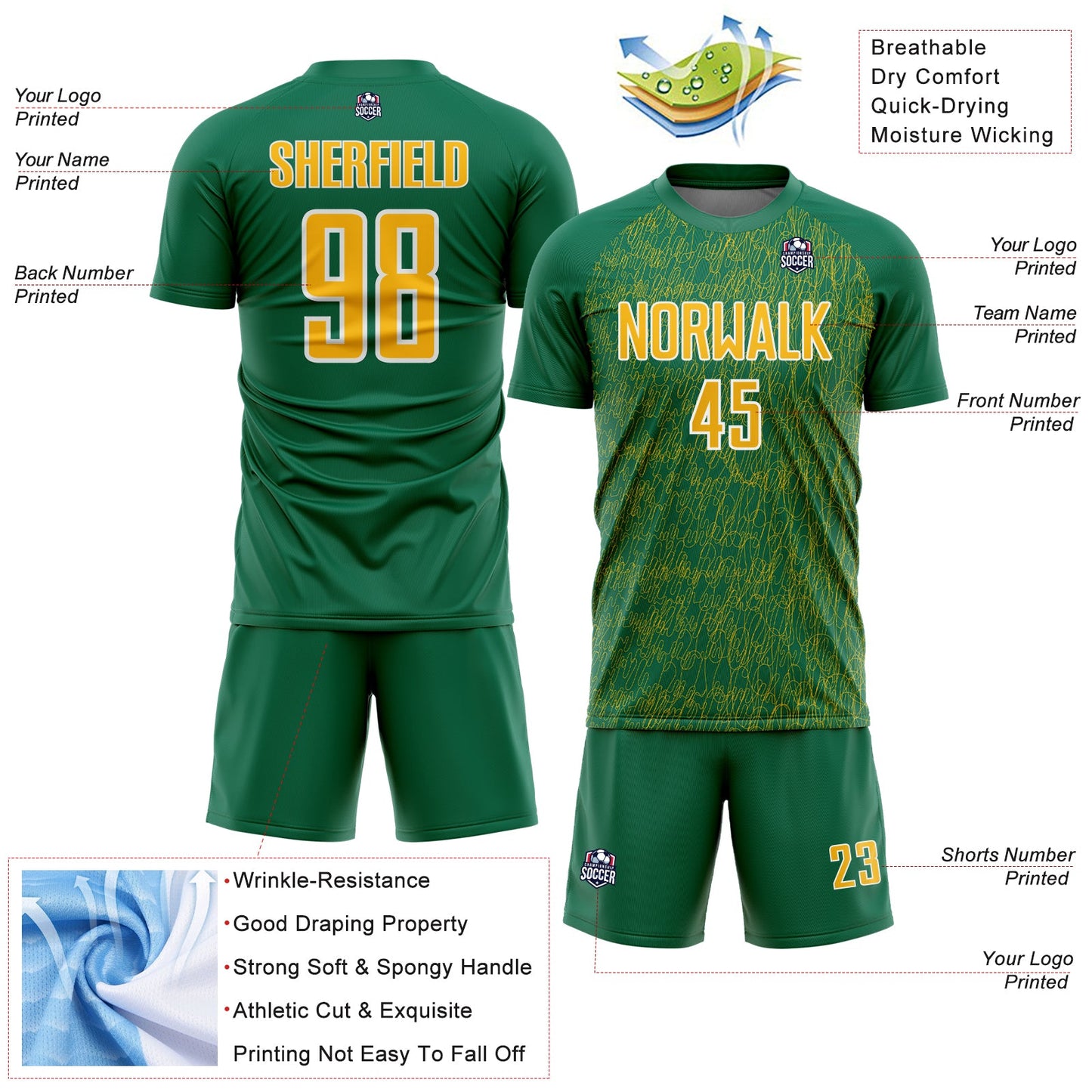 Custom Kelly Green Gold-White Abstract Scribble Curve Line Pattern Sports Sublimation Soccer Uniform Jersey view 4