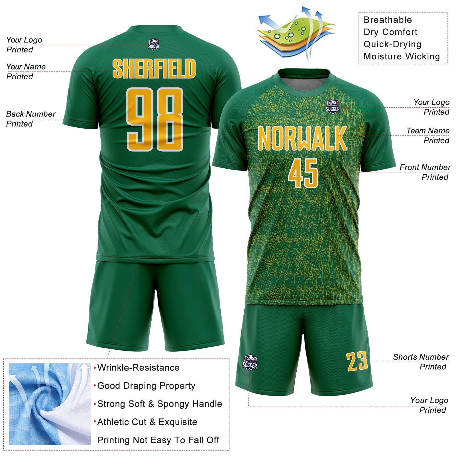 Custom Kelly Green Gold-White Abstract Scribble Curve Line Pattern Sports Sublimation Soccer Uniform Jersey view 4