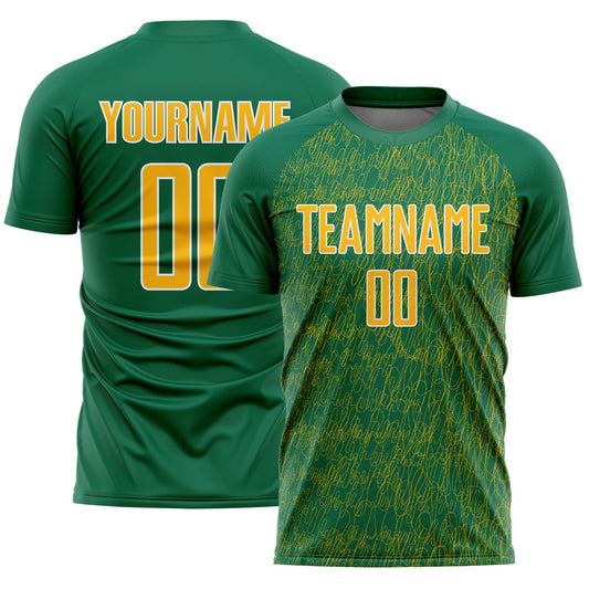 Custom Kelly Green Gold-White Abstract Scribble Curve Line Pattern Sports Sublimation Soccer Uniform Jersey - Main View