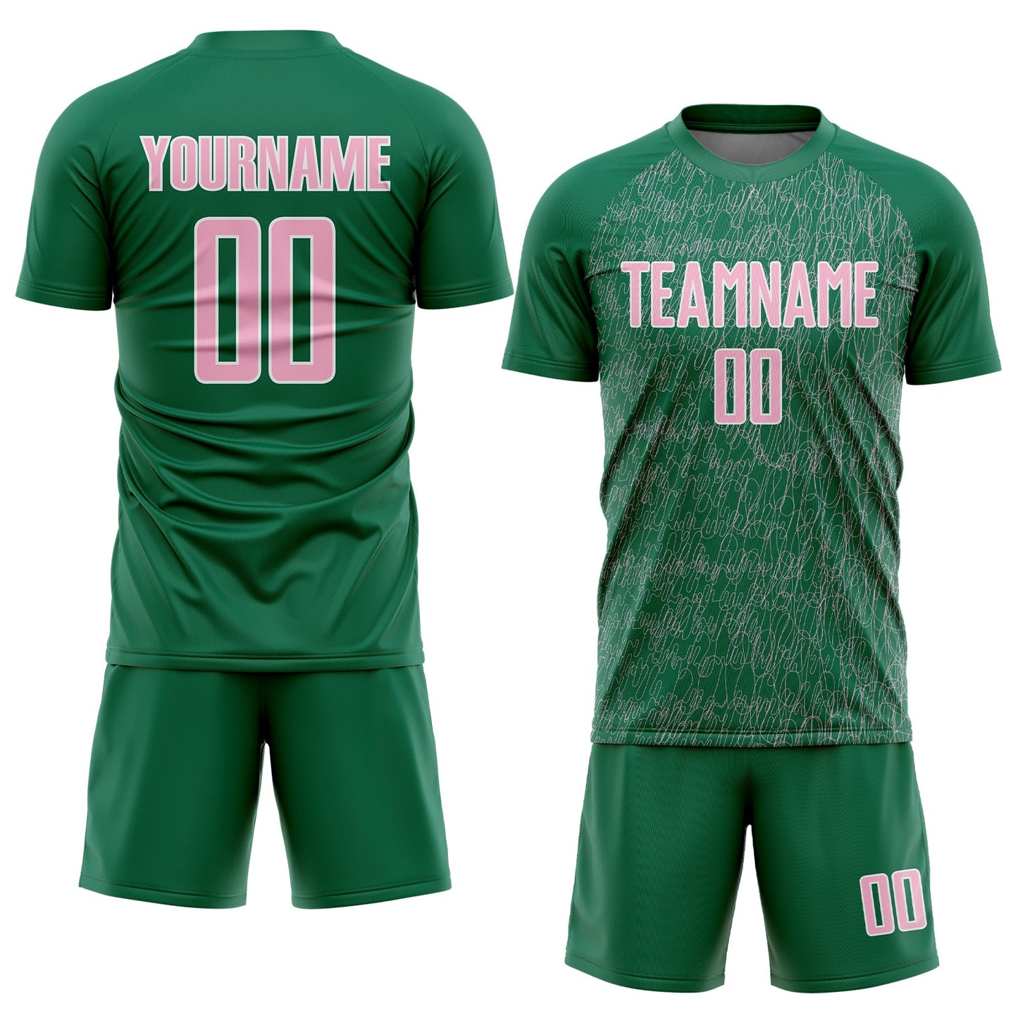 Custom Kelly Green Light Pink-White Abstract Scribble Curve Line Pattern Sports Sublimation Soccer Uniform Jersey view 2