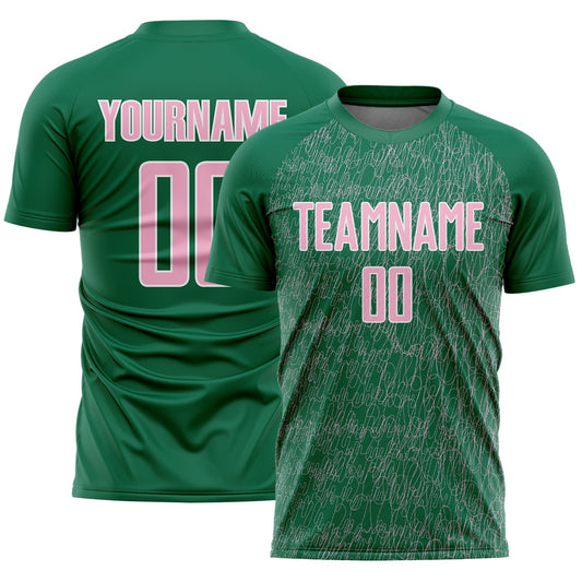 Custom Kelly Green Light Pink-White Abstract Scribble Curve Line Pattern Sports Sublimation Soccer Uniform Jersey - Main View