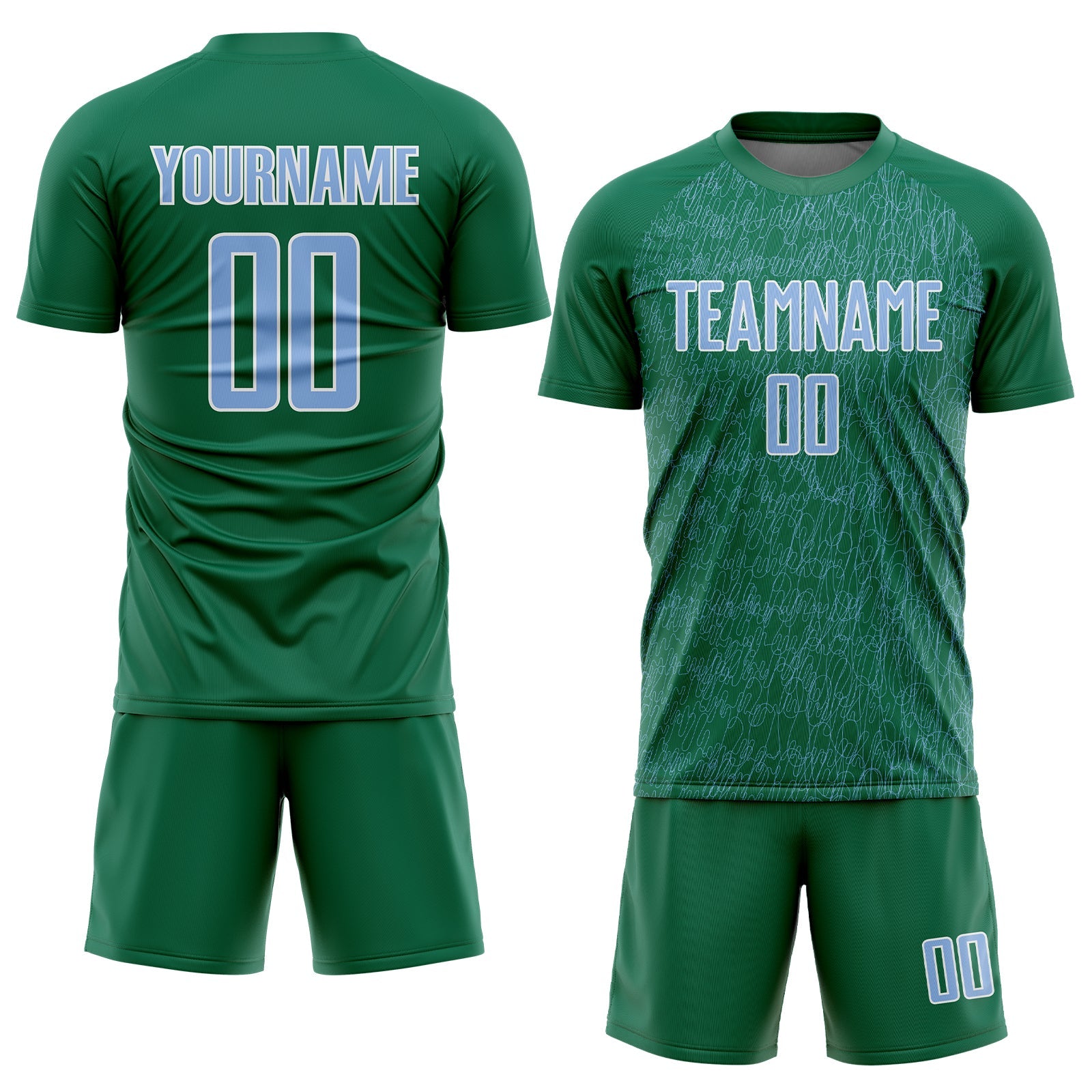 Custom Kelly Green Light Blue-White Abstract Scribble Curve Line Pattern Sports Sublimation Soccer Uniform Jersey view 2