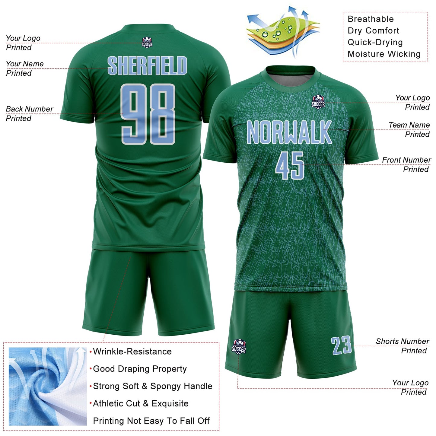 Custom Kelly Green Light Blue-White Abstract Scribble Curve Line Pattern Sports Sublimation Soccer Uniform Jersey view 4