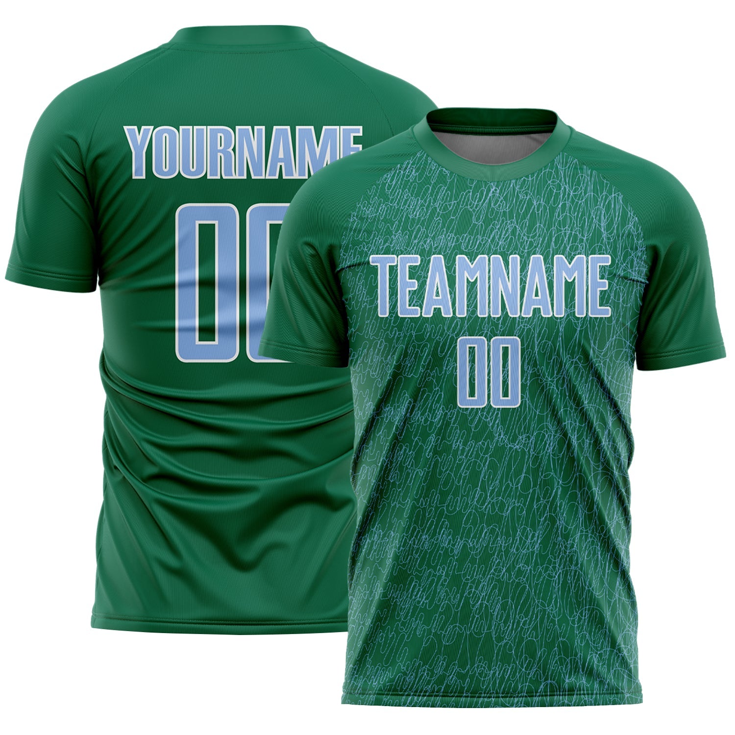 Custom Kelly Green Light Blue-White Abstract Scribble Curve Line Pattern Sports Sublimation Soccer Uniform Jersey - Main View