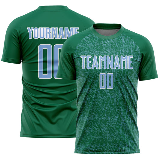 Custom Kelly Green Light Blue-White Abstract Scribble Curve Line Pattern Sports Sublimation Soccer Uniform Jersey - Main View