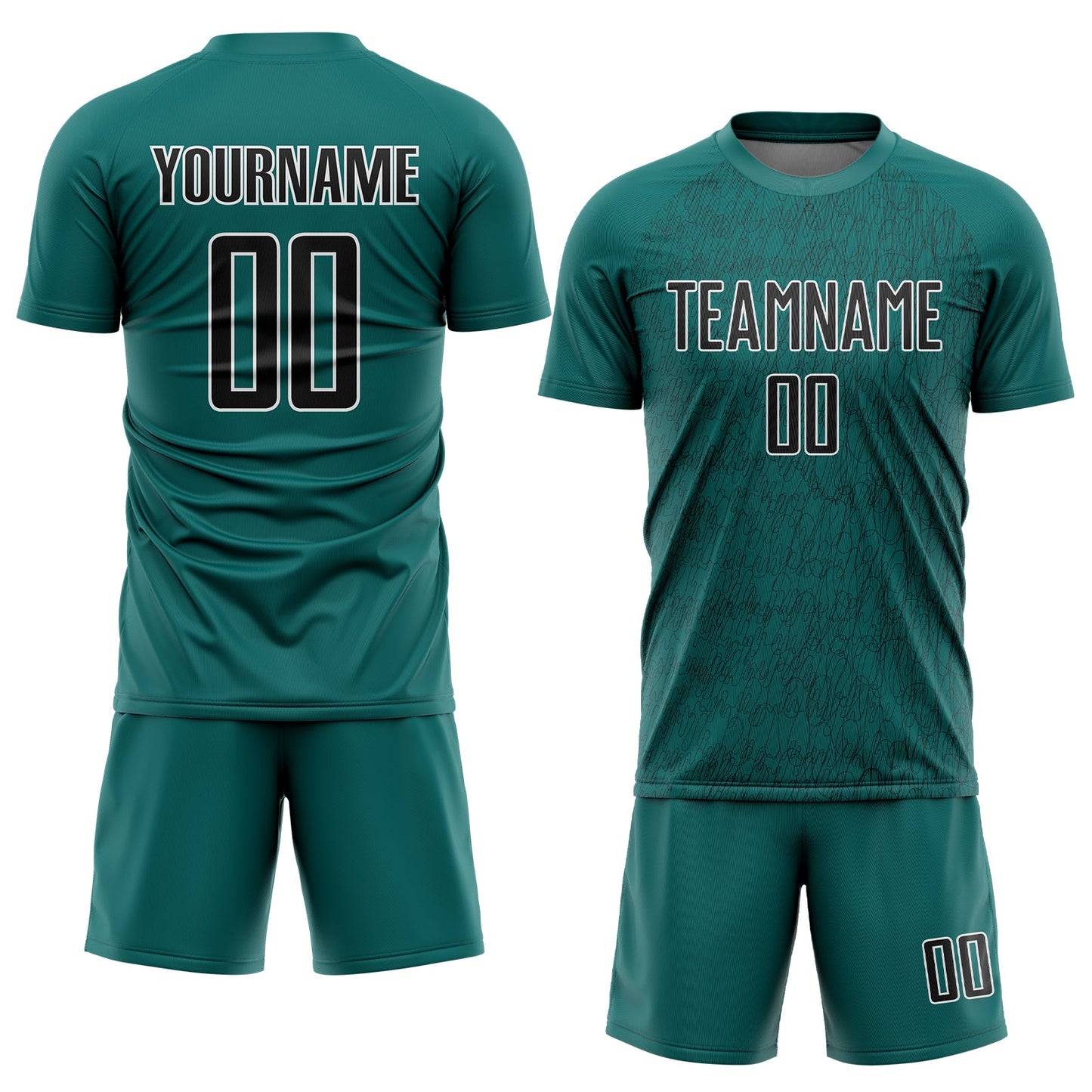 Custom Teal Black-White Abstract Scribble Curve Line Pattern Sports Sublimation Soccer Uniform Jersey view 2