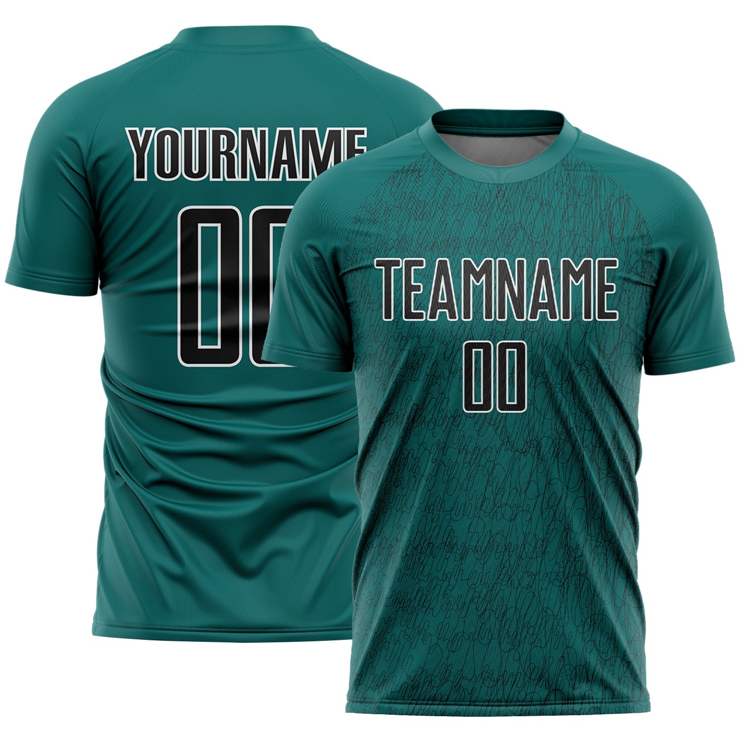 Custom Teal Black-White Abstract Scribble Curve Line Pattern Sports Sublimation Soccer Uniform Jersey - Main View