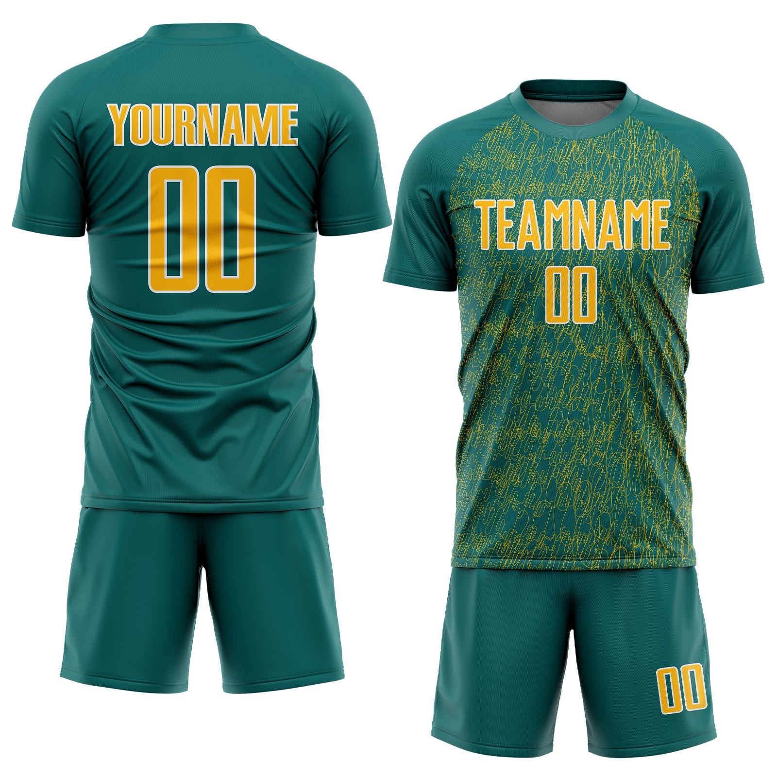 Custom Teal Gold-White Abstract Scribble Curve Line Pattern Sports Sublimation Soccer Uniform Jersey view 2