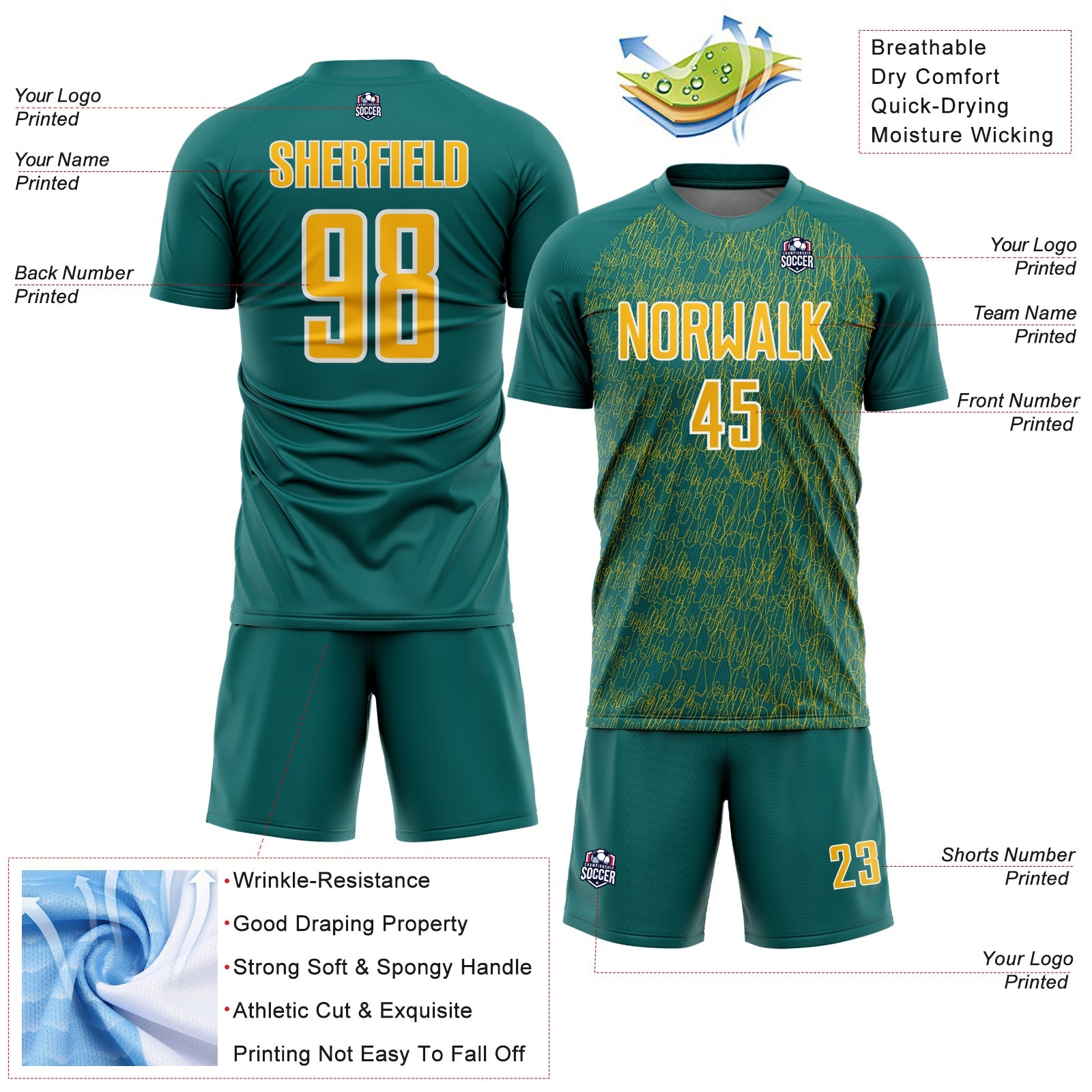 Custom Teal Gold-White Abstract Scribble Curve Line Pattern Sports Sublimation Soccer Uniform Jersey view 4