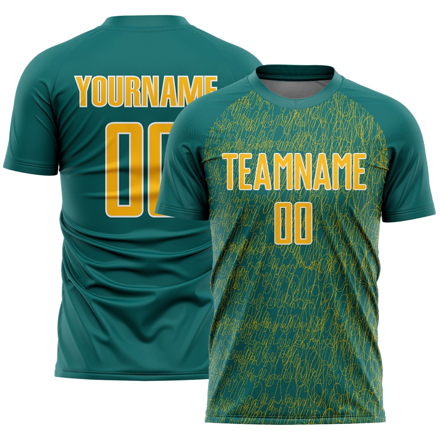 Custom Teal Gold-White Abstract Scribble Curve Line Pattern Sports Sublimation Soccer Uniform Jersey - Main View