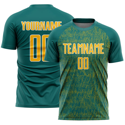 Custom Teal Gold-White Abstract Scribble Curve Line Pattern Sports Sublimation Soccer Uniform Jersey - Main View