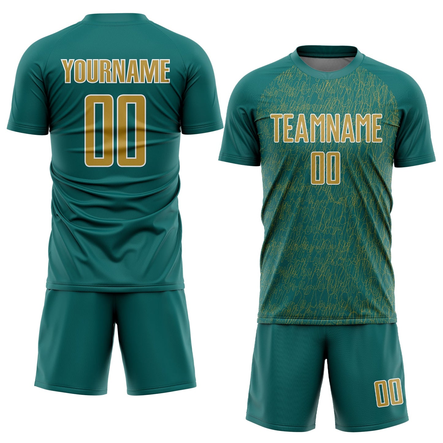 Custom Teal Old Gold-White Abstract Scribble Curve Line Pattern Sports Sublimation Soccer Uniform Jersey view 2