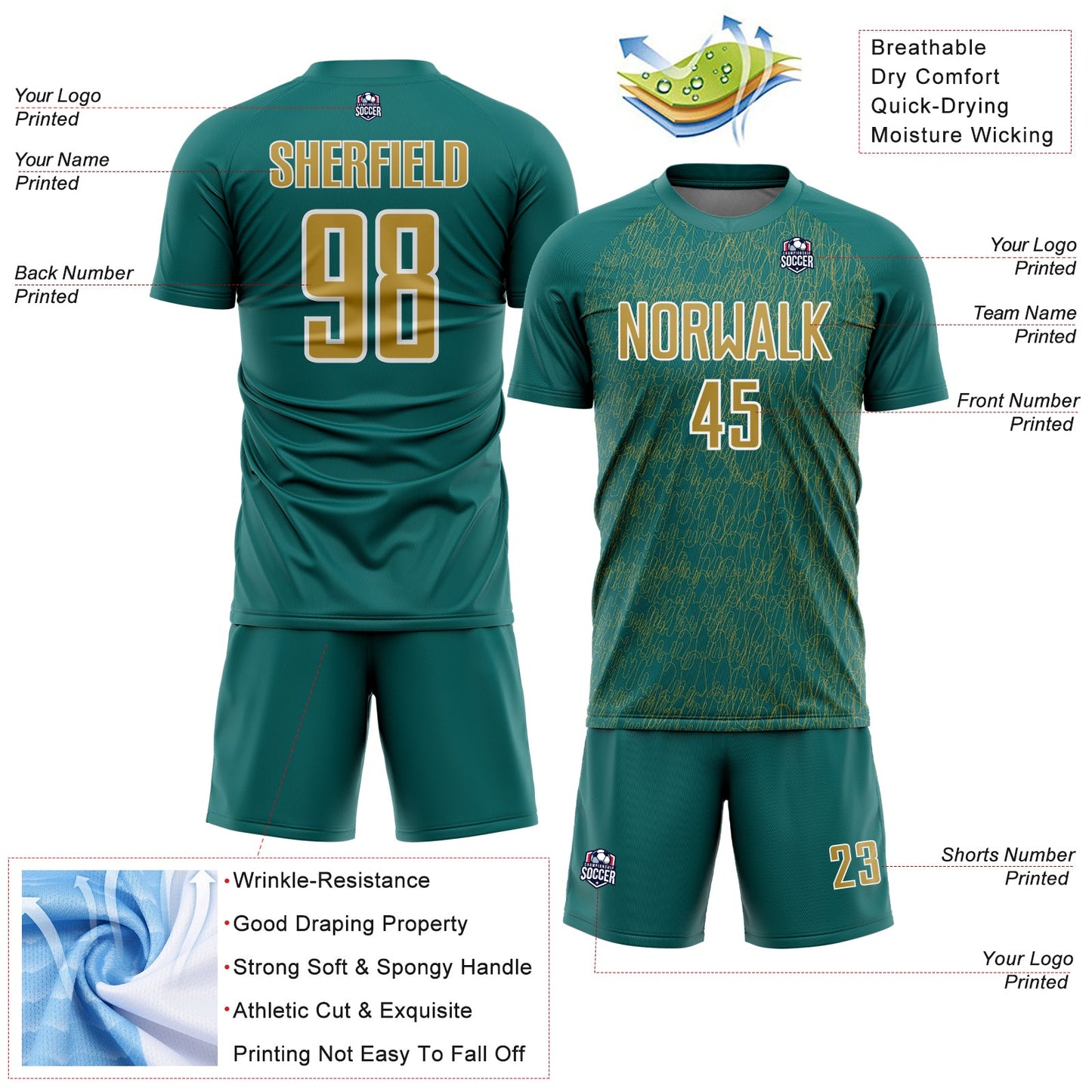 Custom Teal Old Gold-White Abstract Scribble Curve Line Pattern Sports Sublimation Soccer Uniform Jersey view 4