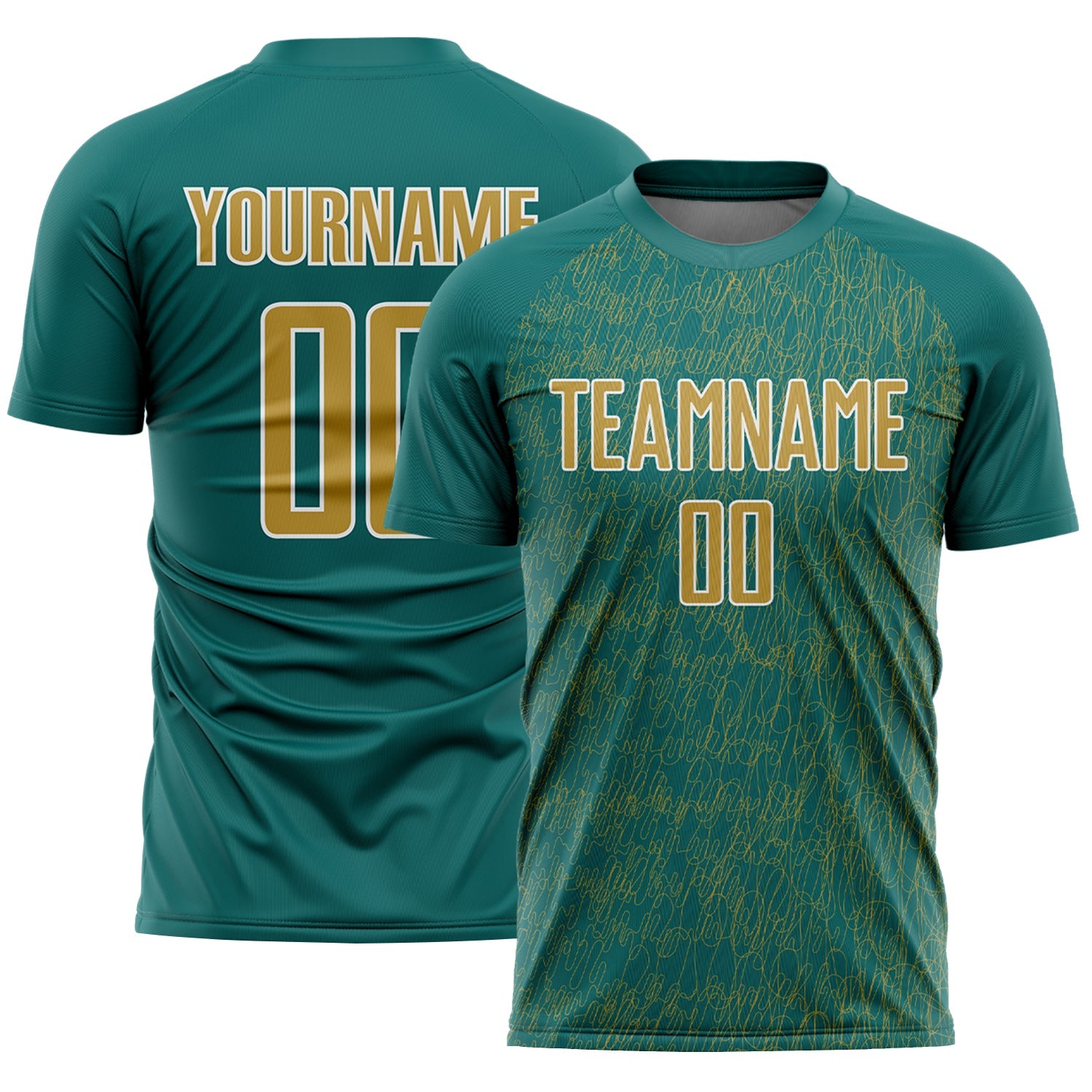 Custom Teal Old Gold-White Abstract Scribble Curve Line Pattern Sports Sublimation Soccer Uniform Jersey - Main View