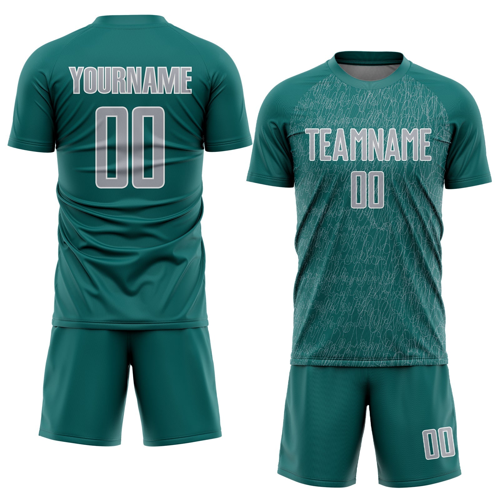Custom Teal Gray-White Abstract Scribble Curve Line Pattern Sports Sublimation Soccer Uniform Jersey view 2