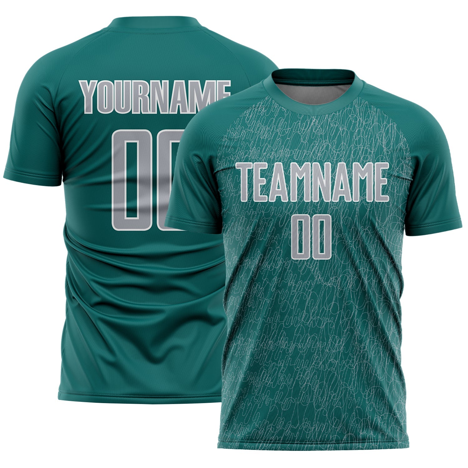 Custom Teal Gray-White Abstract Scribble Curve Line Pattern Sports Sublimation Soccer Uniform Jersey - Main View