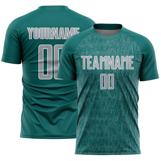 Custom Teal Gray-White Abstract Scribble Curve Line Pattern Sports Sublimation Soccer Uniform Jersey - Main View