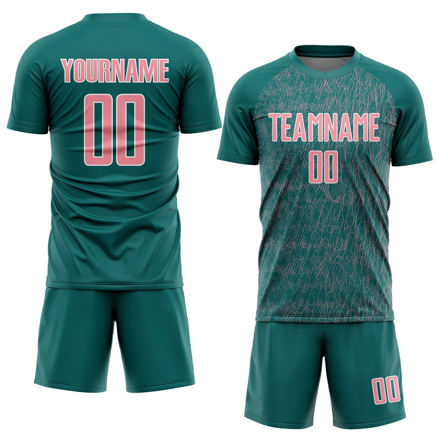 Custom Teal Medium Pink-White Abstract Scribble Curve Line Pattern Sports Sublimation Soccer Uniform Jersey view 2