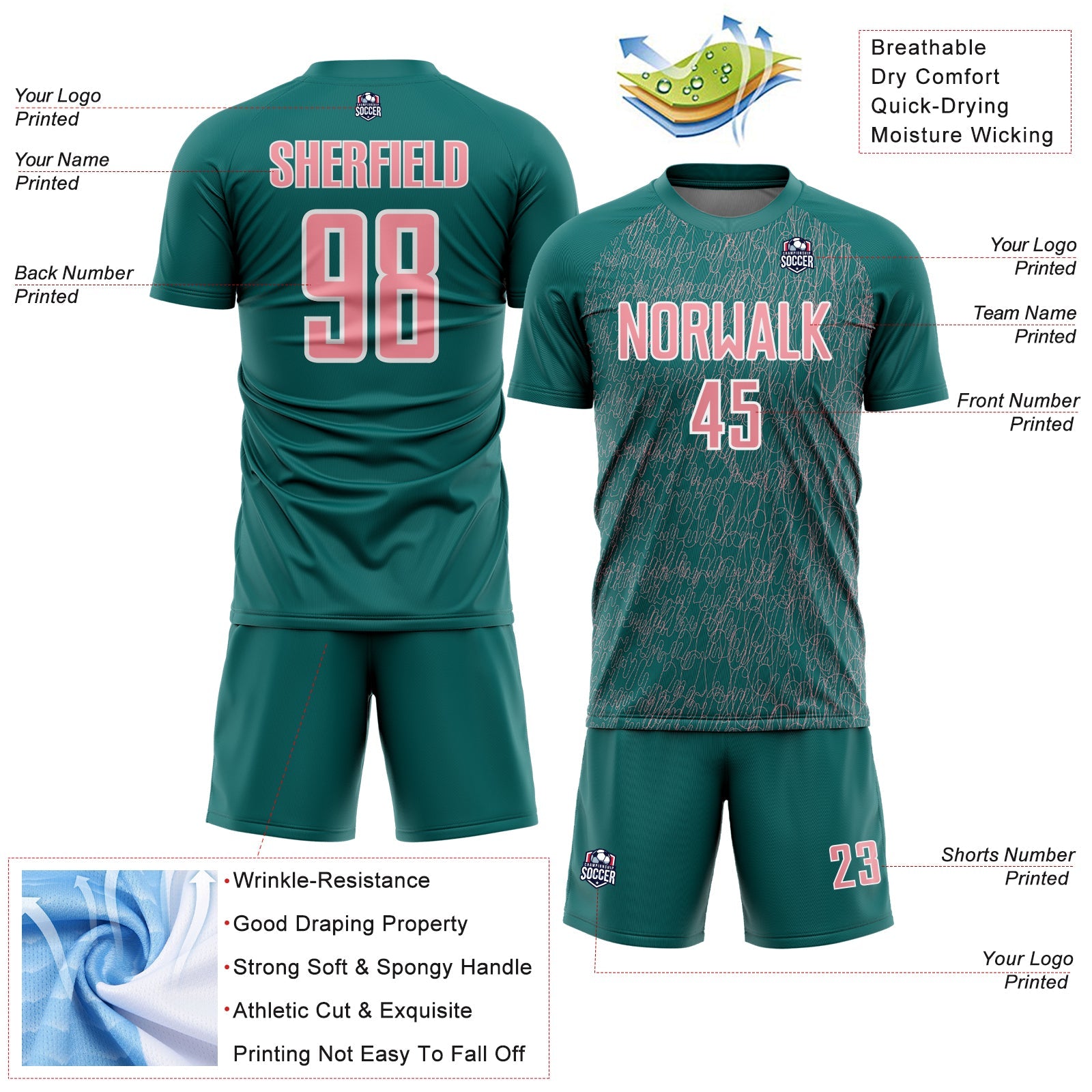 Custom Teal Medium Pink-White Abstract Scribble Curve Line Pattern Sports Sublimation Soccer Uniform Jersey view 4
