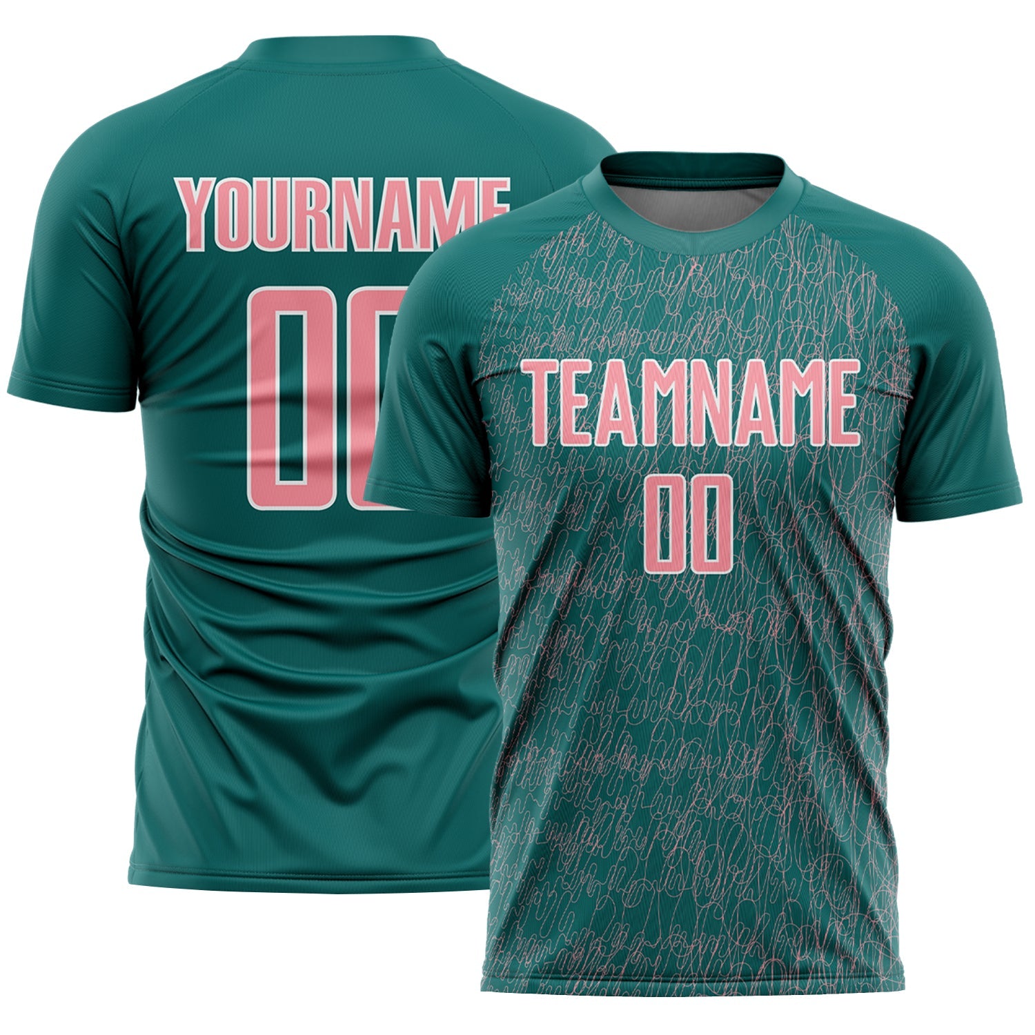 Custom Teal Medium Pink-White Abstract Scribble Curve Line Pattern Sports Sublimation Soccer Uniform Jersey - Main View