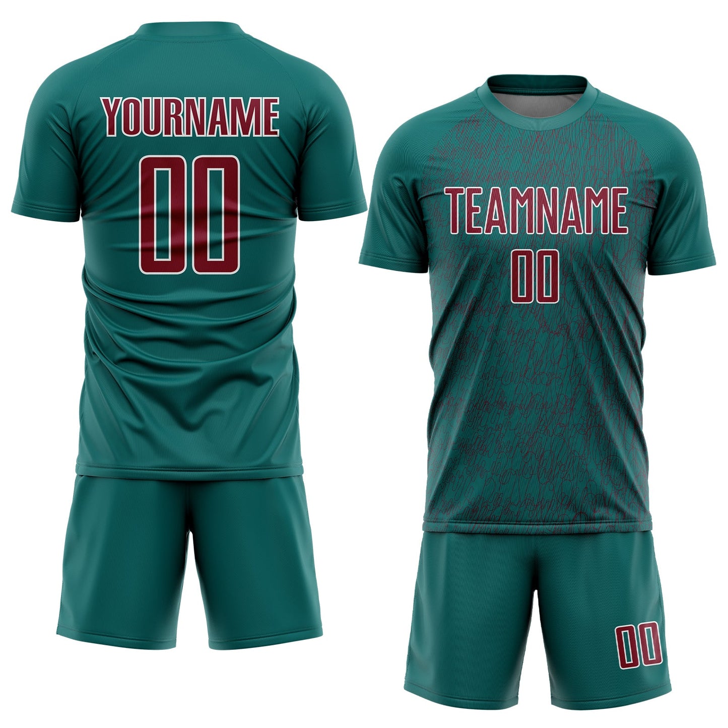 Custom Teal Crimson-White Abstract Scribble Curve Line Pattern Sports Sublimation Soccer Uniform Jersey view 2