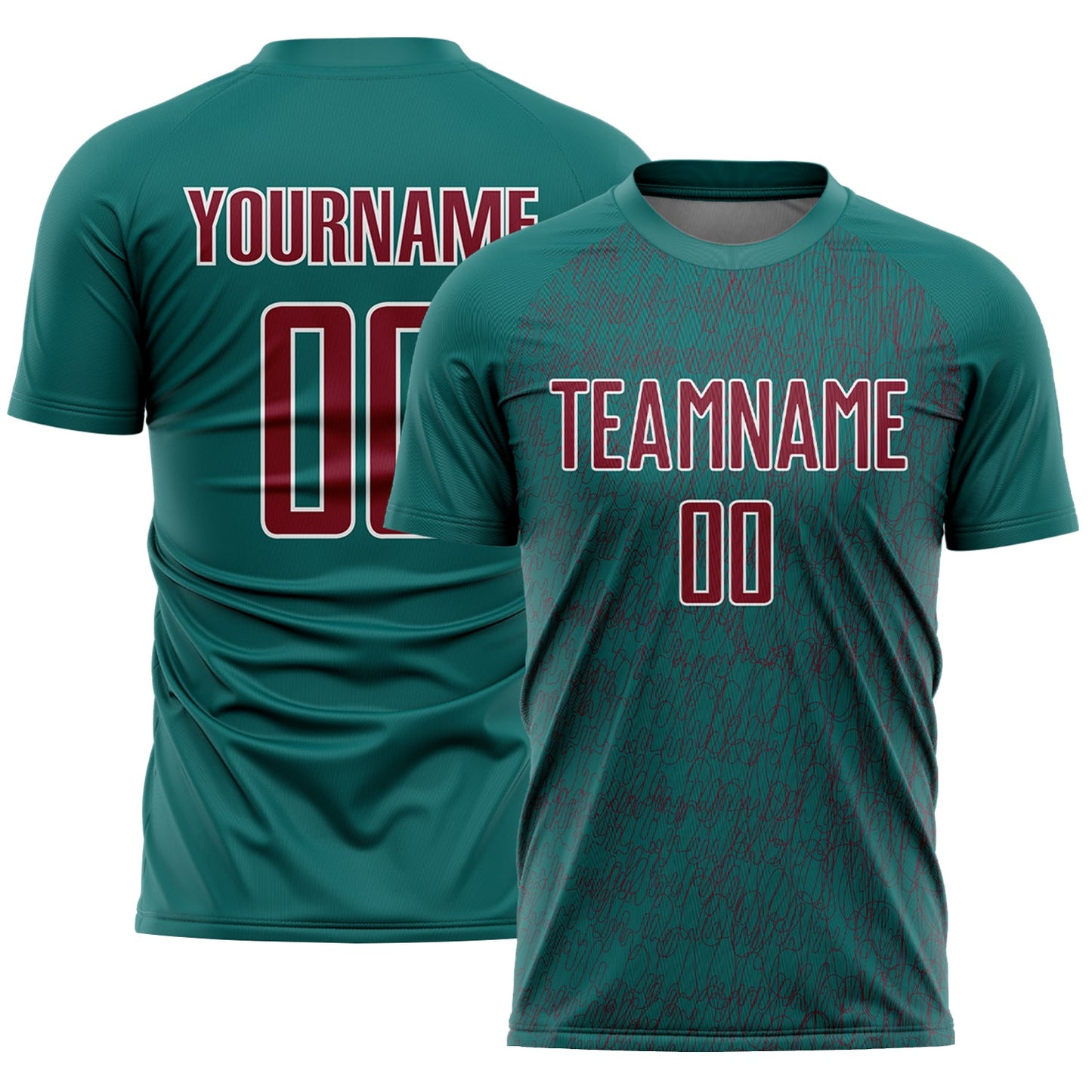 Custom Teal Crimson-White Abstract Scribble Curve Line Pattern Sports Sublimation Soccer Uniform Jersey - Main View