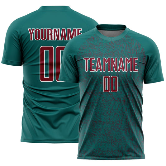 Custom Teal Crimson-White Abstract Scribble Curve Line Pattern Sports Sublimation Soccer Uniform Jersey - Main View