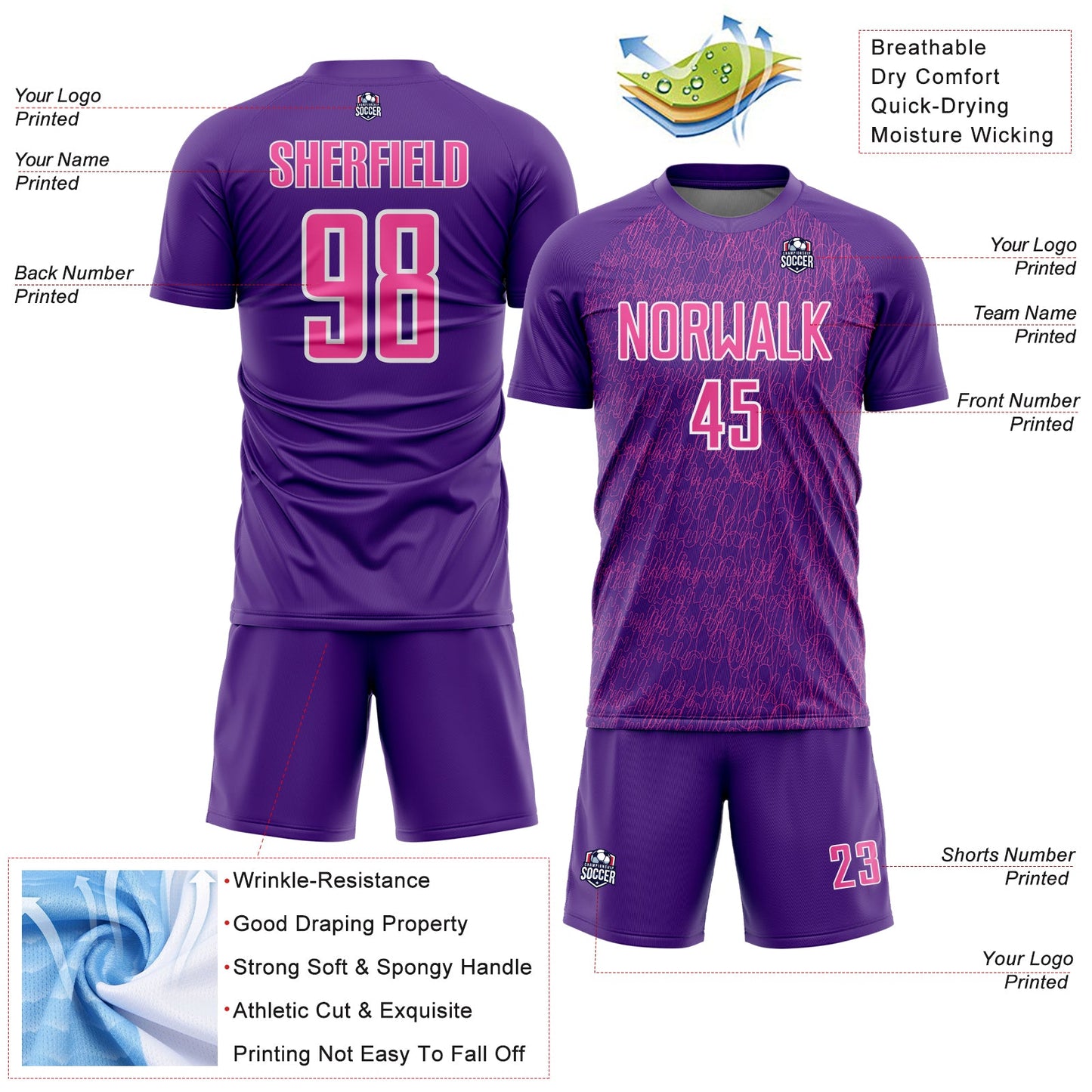 Custom Purple Pink-White Abstract Scribble Curve Line Pattern Sports Sublimation Soccer Uniform Jersey view 4