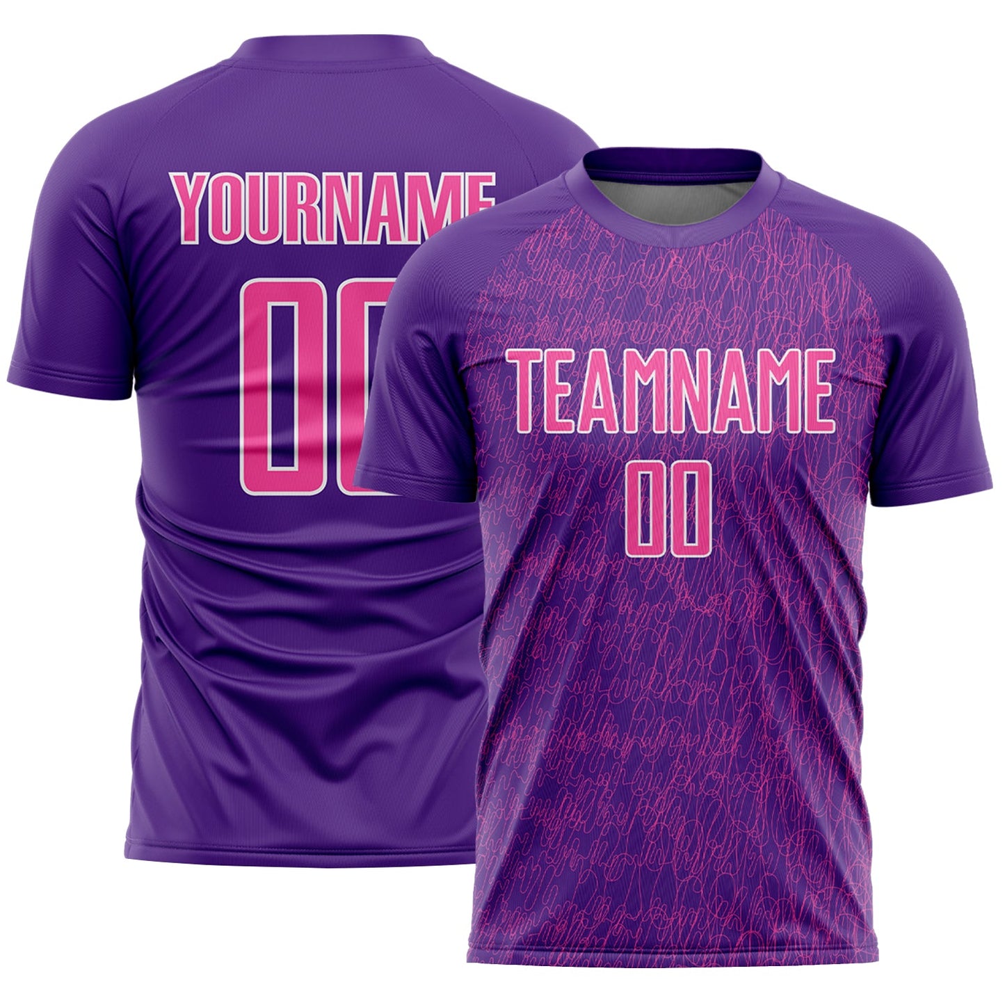 Custom Purple Pink-White Abstract Scribble Curve Line Pattern Sports Sublimation Soccer Uniform Jersey - Main View