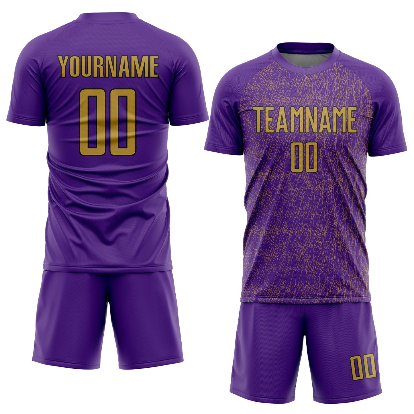 Custom Purple Old Gold-Black Abstract Scribble Curve Line Pattern Sports Sublimation Soccer Uniform Jersey view 2