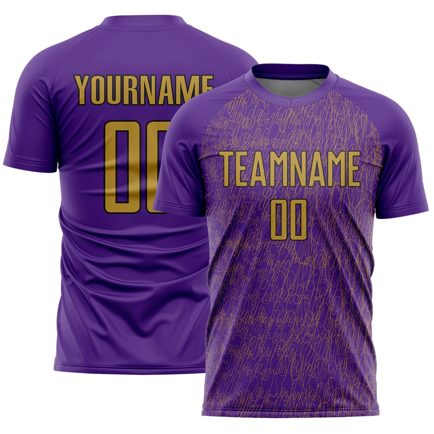 Custom Purple Old Gold-Black Abstract Scribble Curve Line Pattern Sports Sublimation Soccer Uniform Jersey - Main View