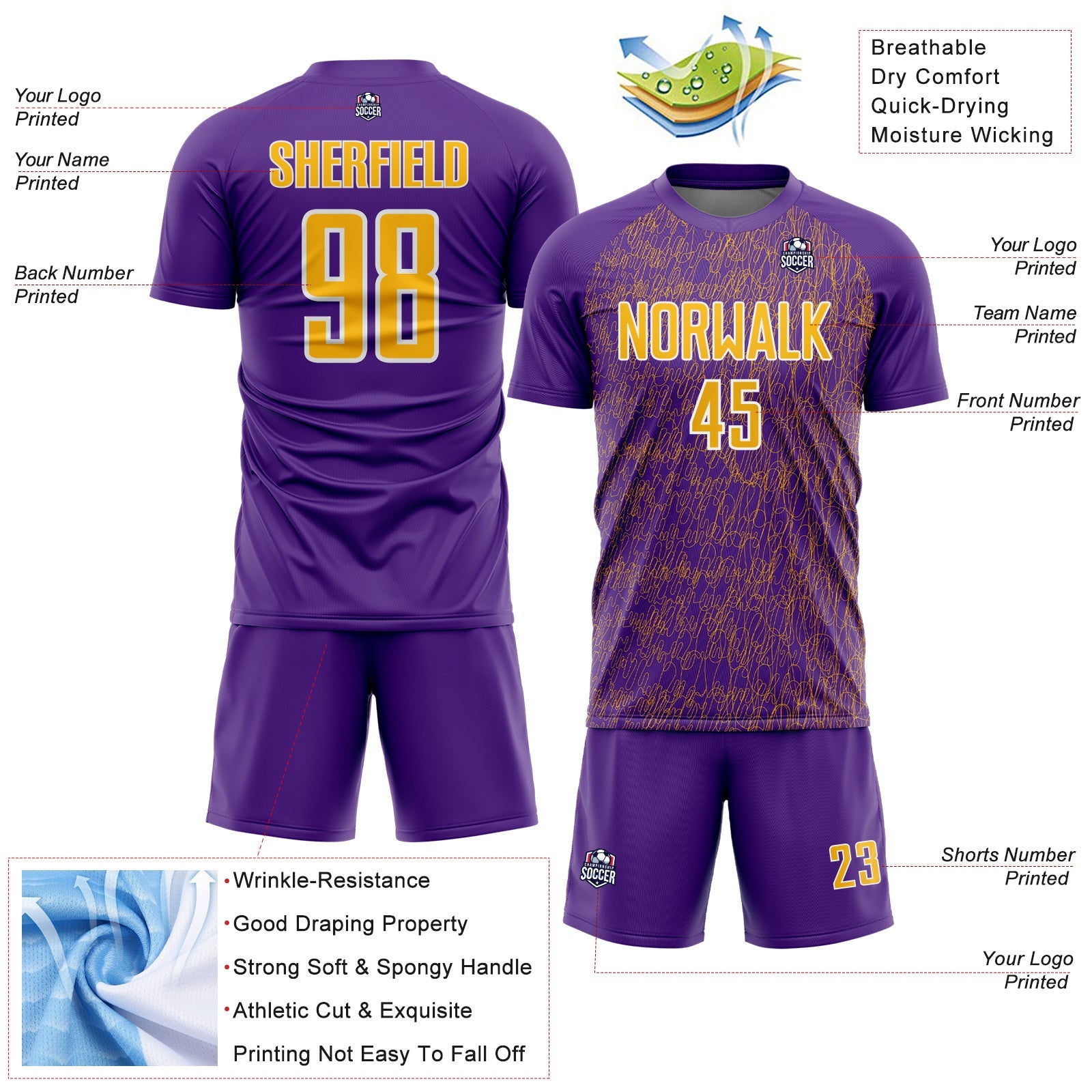 Custom Purple Gold-White Abstract Scribble Curve Line Pattern Sports Sublimation Soccer Uniform Jersey view 4
