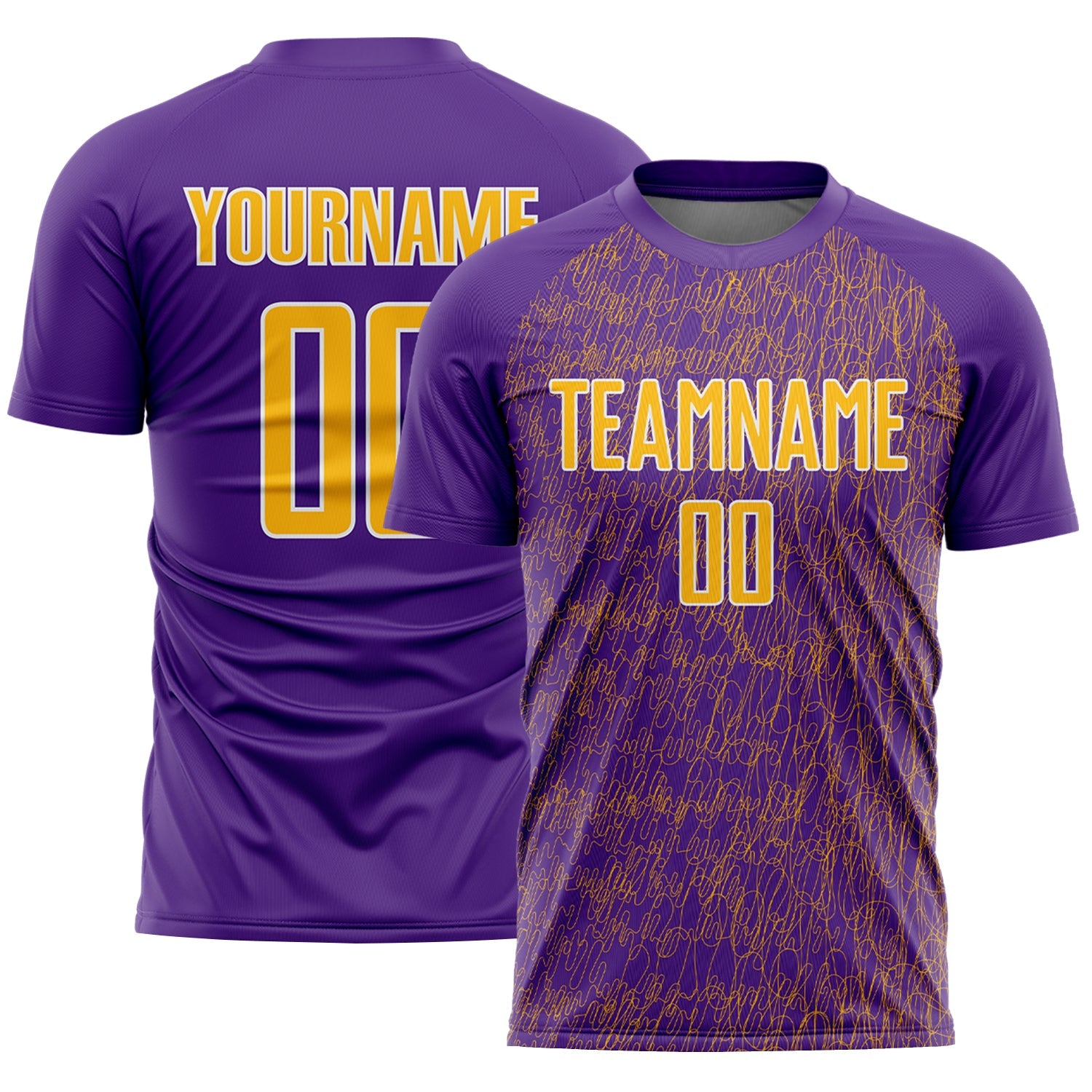 Custom Purple Gold-White Abstract Scribble Curve Line Pattern Sports Sublimation Soccer Uniform Jersey - Main View