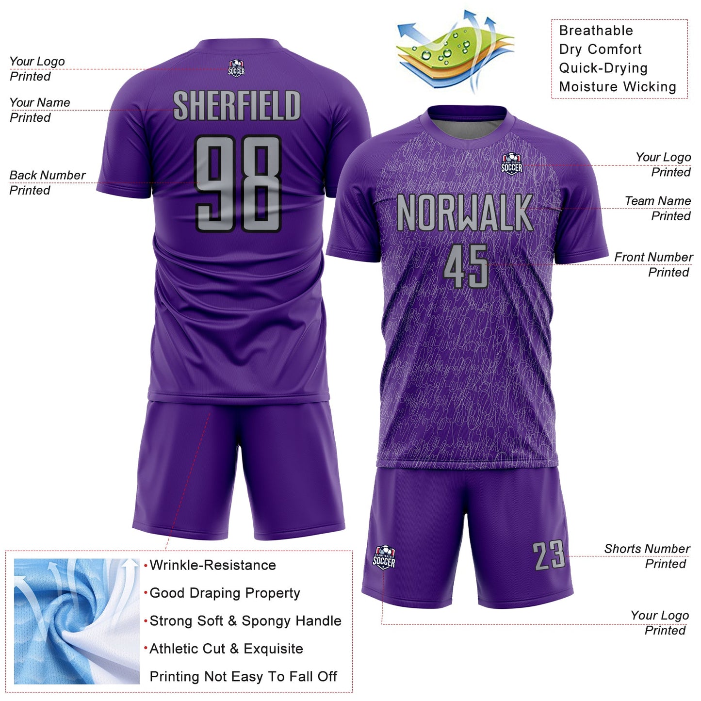 Custom Purple Gray-Black Abstract Scribble Curve Line Pattern Sports Sublimation Soccer Uniform Jersey view 4