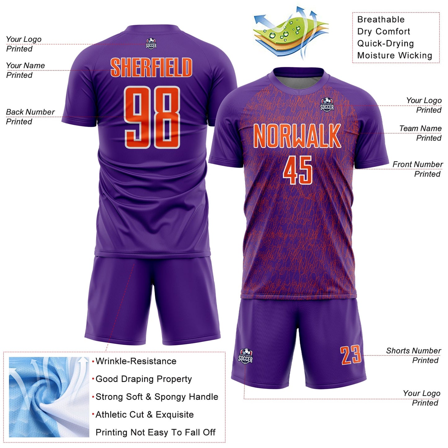 Custom Purple Orange-White Abstract Scribble Curve Line Pattern Sports Sublimation Soccer Uniform Jersey view 4