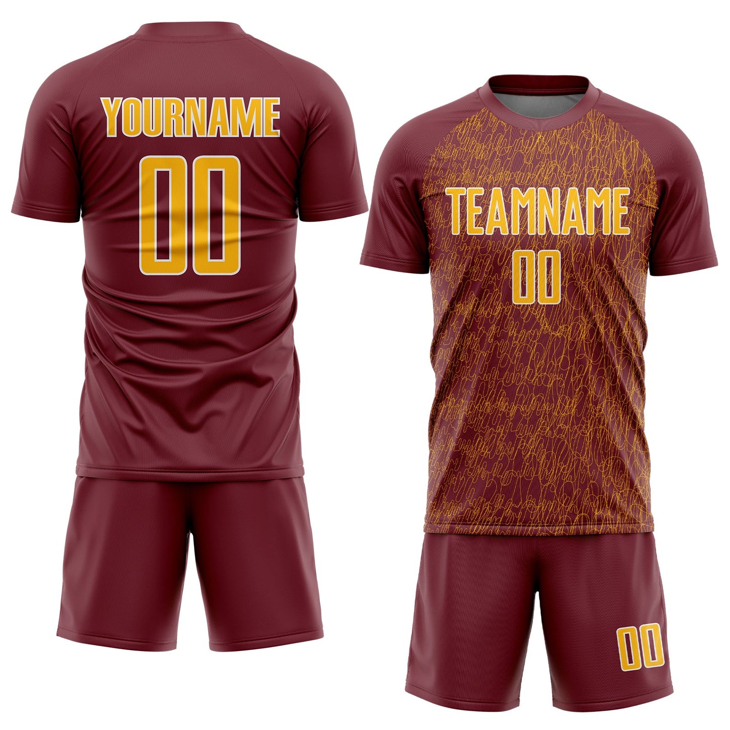 Custom Burgundy Gold-White Abstract Scribble Curve Line Pattern Sports Sublimation Soccer Uniform Jersey view 2