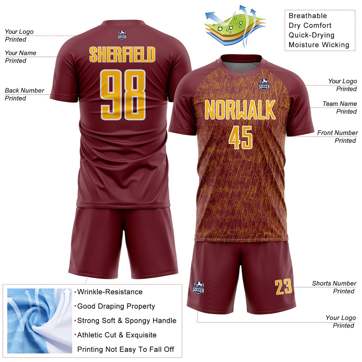 Custom Burgundy Gold-White Abstract Scribble Curve Line Pattern Sports Sublimation Soccer Uniform Jersey view 4